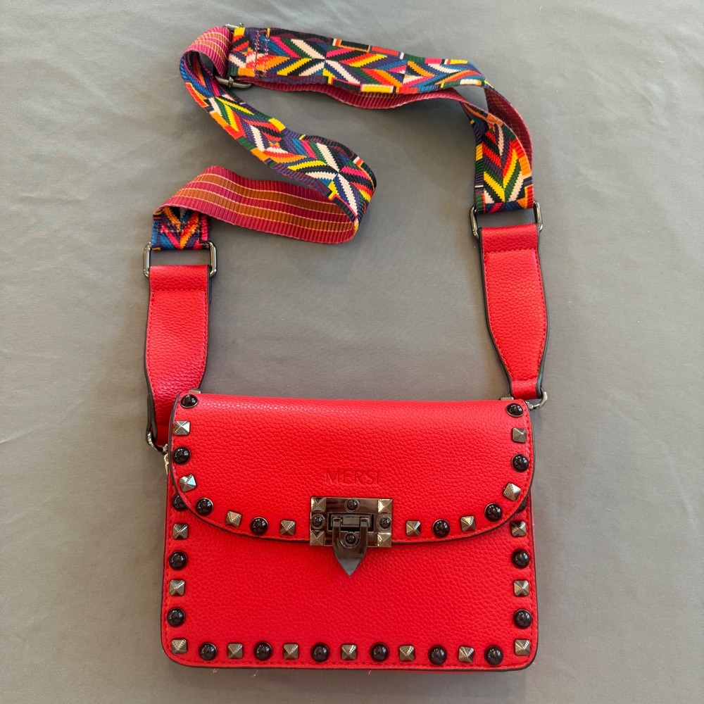 Mersi Red Studded Vegan Leather Crossbody‎ Bag with Geometric Guitar Strap